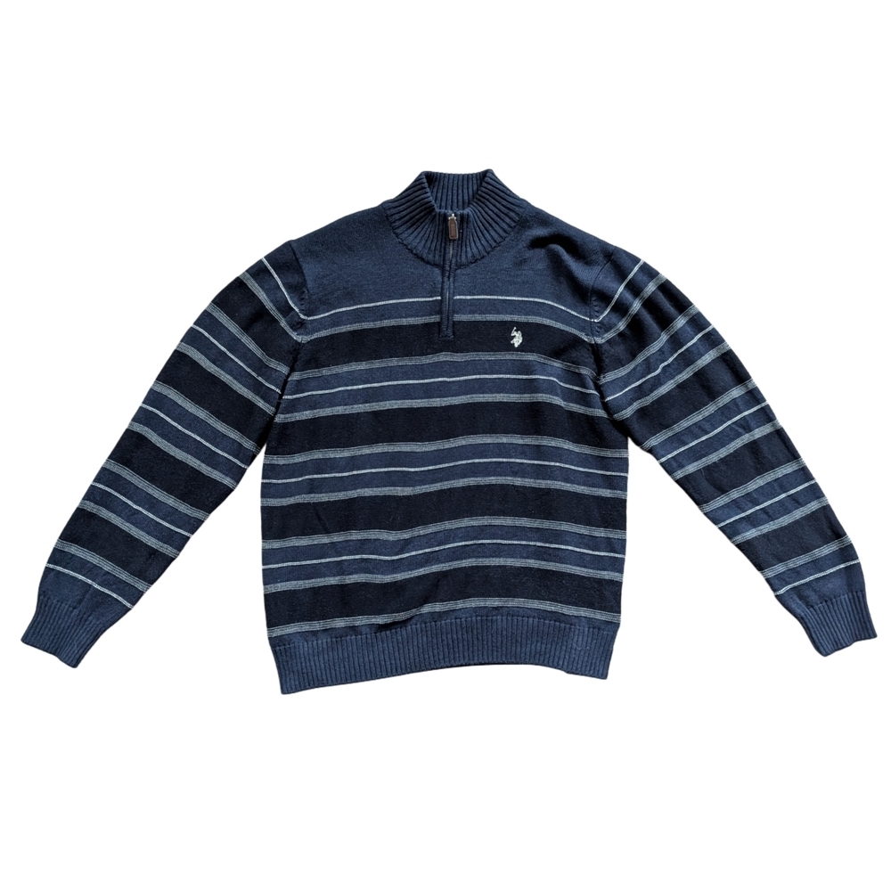 U.S. Polo Assn Navy Light Blue Striped Quarter Zip Pullover Sweater Size XL